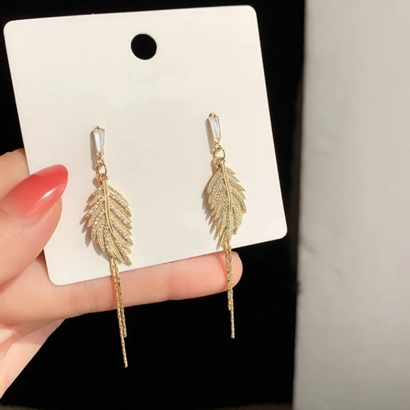 Gold-plated Crystal Leaf Drop earrings with silver post BOGO - Picture 7 of 12